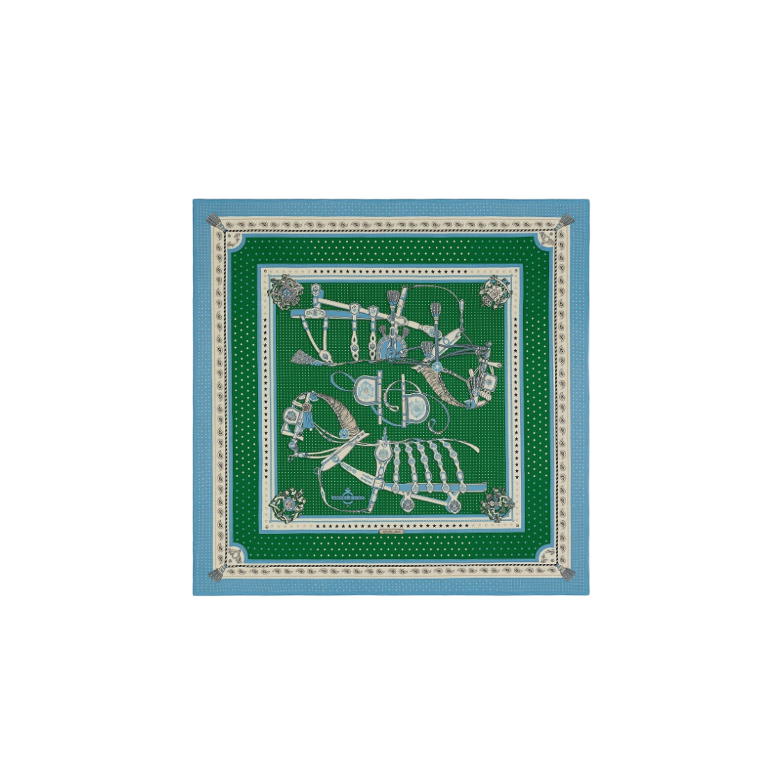 (W) 에르메스 아네 드 쿠어 반다나 숄 140 블루 클레어 베르 나뛰렐((W) Hermes Harnais De Cour Bandana Shawl 140 Bleu Clair Vert Naturel) - 1