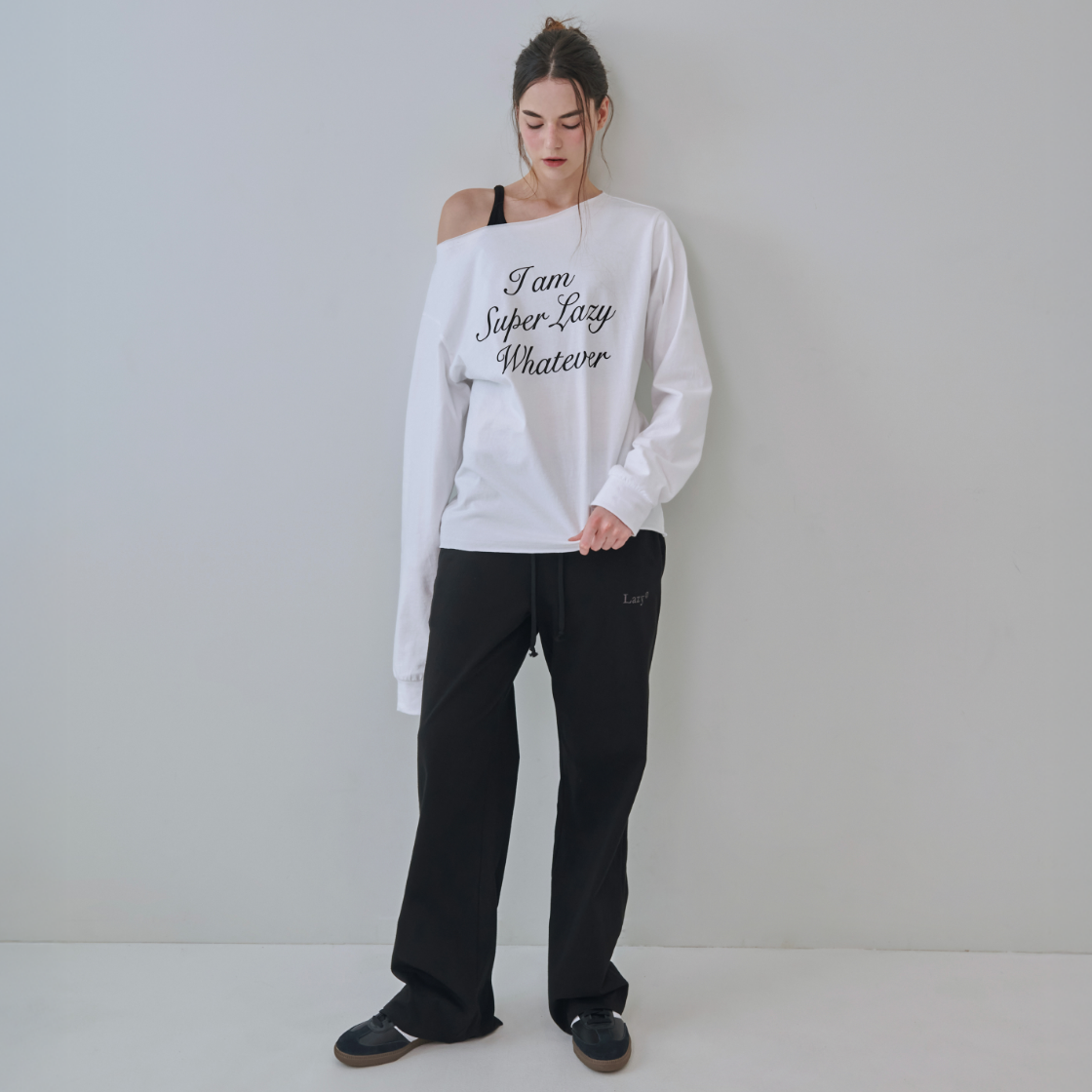레이지지 슈퍼레이지 오프숄더 롱슬리브 티셔츠 화이트(Lazyz Super Lazy Off Shoulder Long Sleeve T-Shirt White) - 5