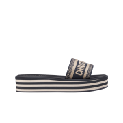 (W) Dior Dway Platform Slide Embroidered Cotton Deep Blue