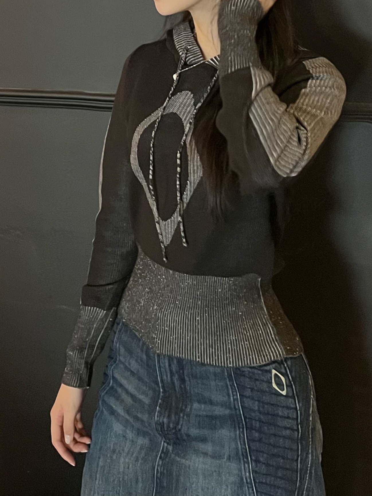 (W) 미스치프 맥시 데님 스커트 인디고 착용 스타일 - 3