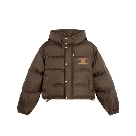 (W) Celine Cropped Triomphe Down Jacket in Lightweight Nylon Chocolate