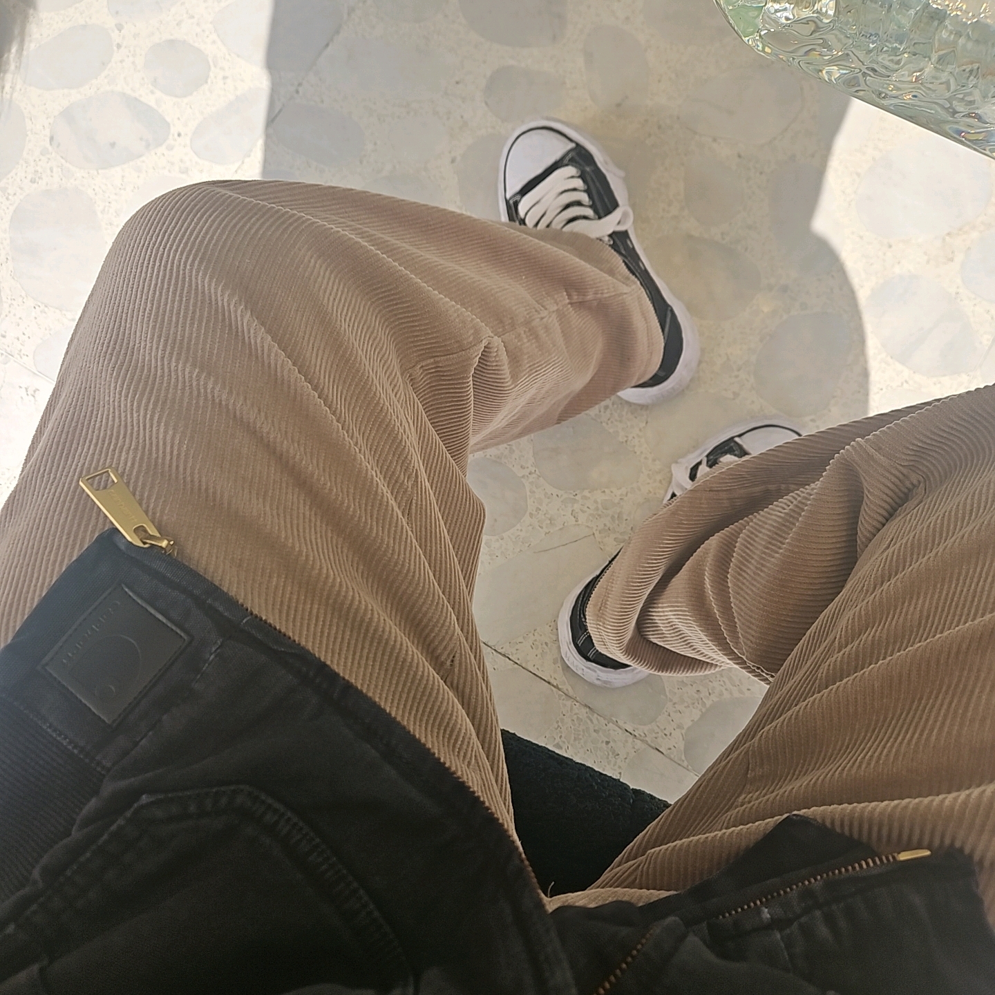 Maison Mihara Yasuhiro Peterson23 OG Sole Canvas Low-top Sneakers Black, Carhartt WIP Stanton Jacket Black Stone Dyed 착용 스타일