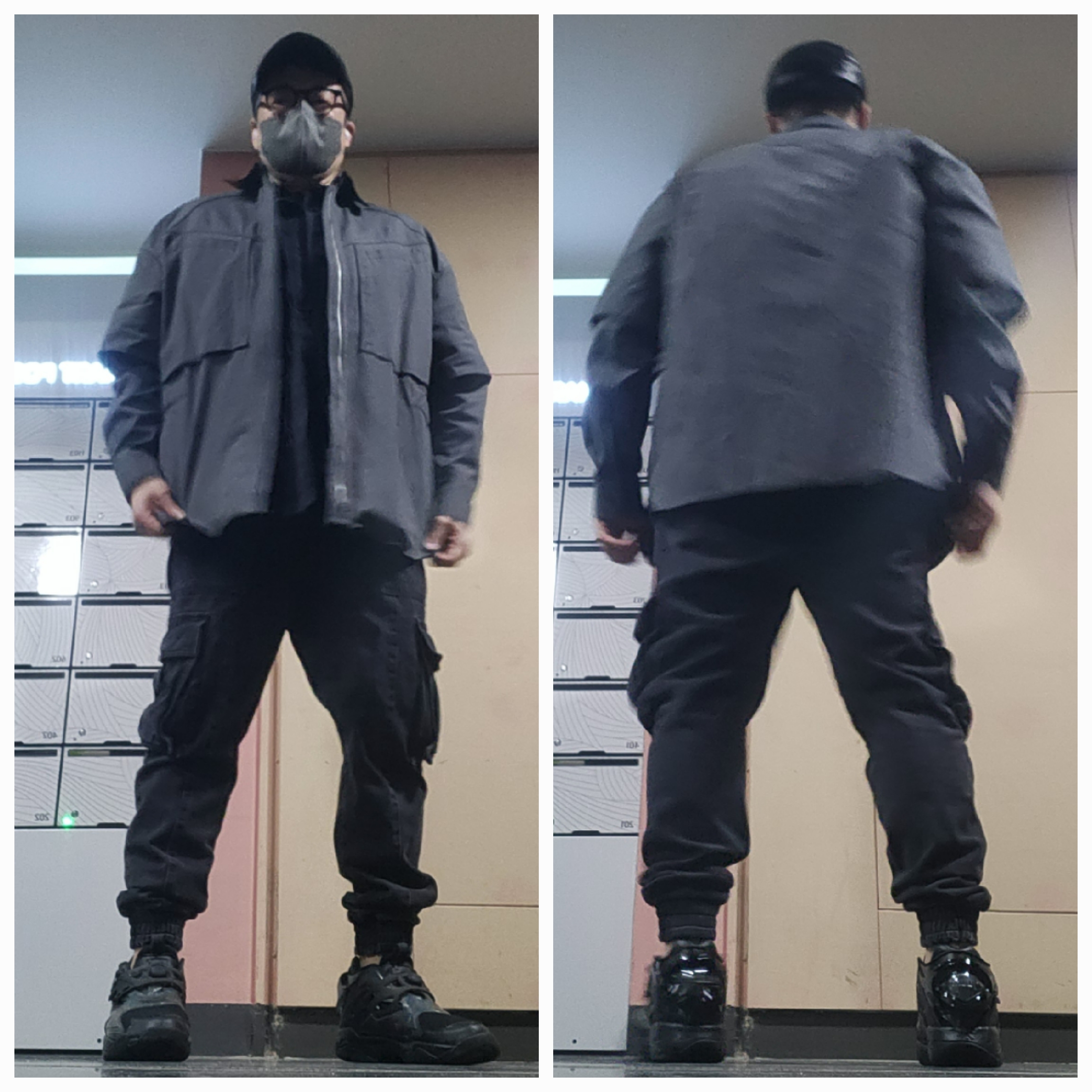 준지 레이어드 스트링 하프 셔츠 블랙, 준지 허리 스트링 멀티 카고 조거 블랙 - 22FW 착용 스타일 - 1