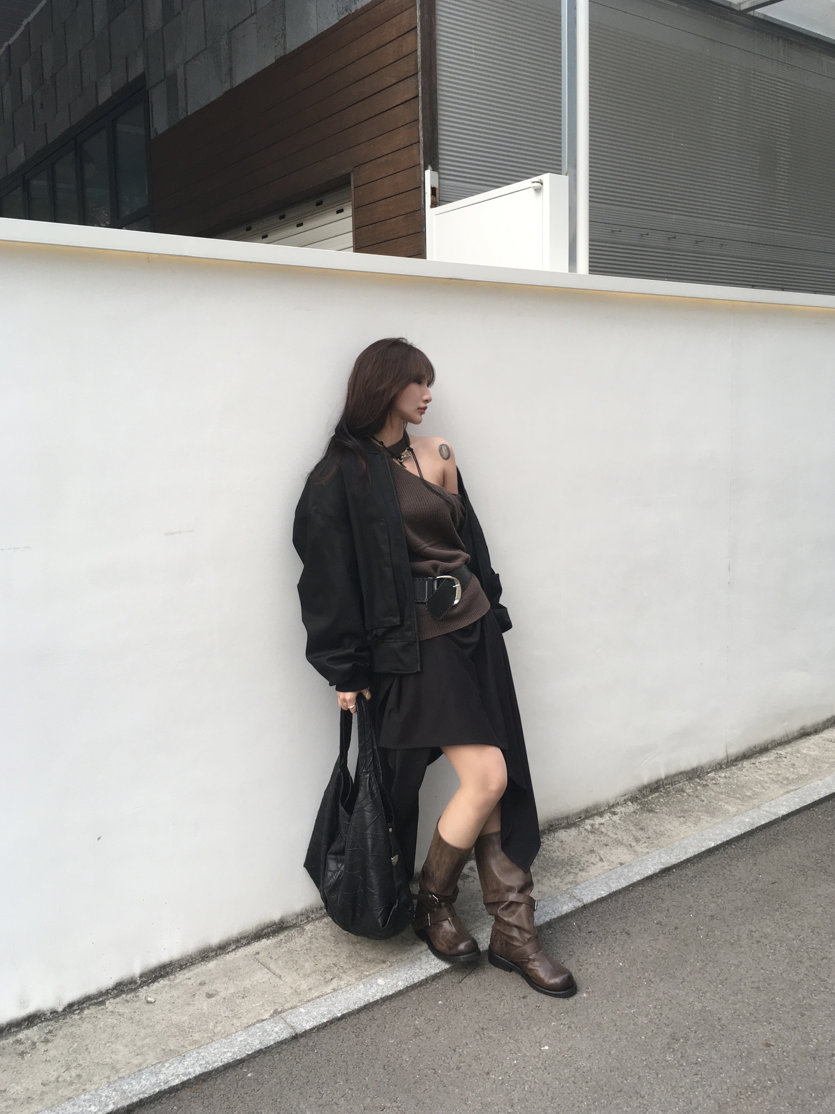 [6% 적립] NegativeThree  Slouchy Long Boots Washed Brown 착용 스타일