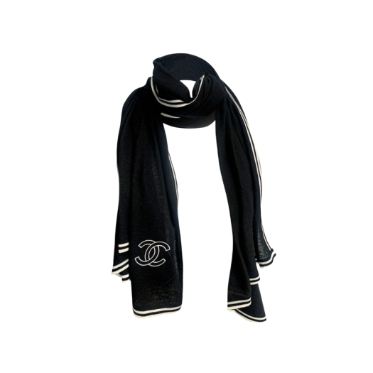 (W) Chanel Scarf Cashmere Silk & Black Ivory