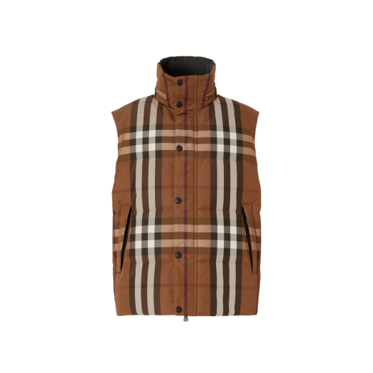 Burberry Packaway Hood Reversible Check Nylon Puffer Gilet Dark Birch Brown
