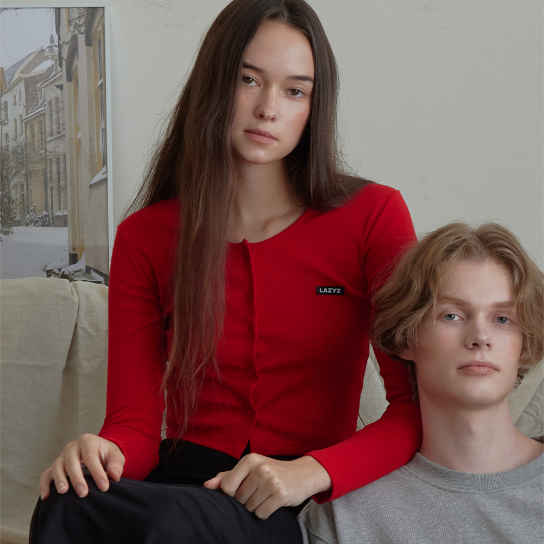 레이지지 라벨 유넥 크롭 가디건 레드(Lazyz Label U-Neck Crop Cardigan Red) - 3
