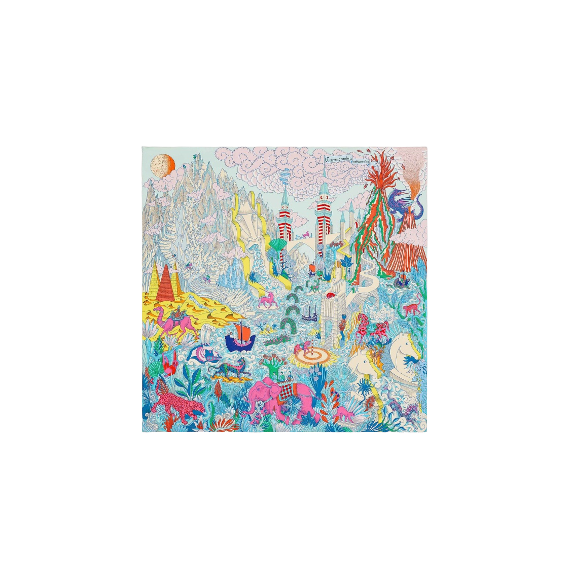 H003365S09 (W) Hermes Cosmographia Universalis Scarf 90 Turquoise Jaune Rose - 대표 이미지 #1