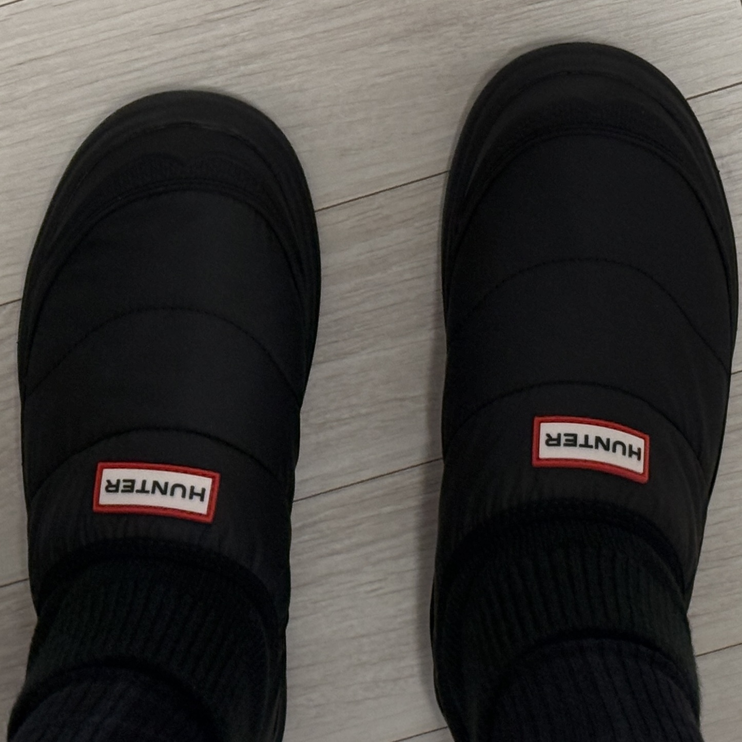 (W) Hunter In Out Puffer Knit Cuff Boots Black 착용 스타일