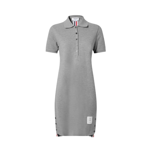 (W) Thom Browne Stripe Cotton Pique Fitted A-Line Short Sleeve Polo Shirt Dress Light Grey