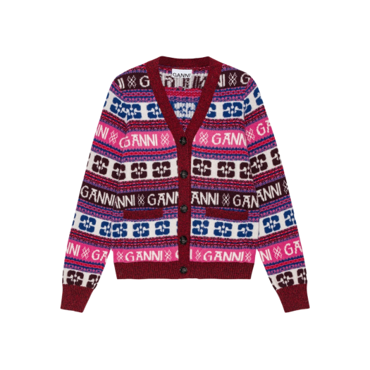 (W) Ganni Logo Wool Mix Cardigan Multicolor