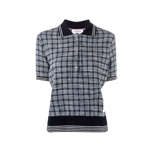 (W) Thom Browne Textured Micro 4-Bar Check Cotton Tweed Rib Cuff Polo Navy