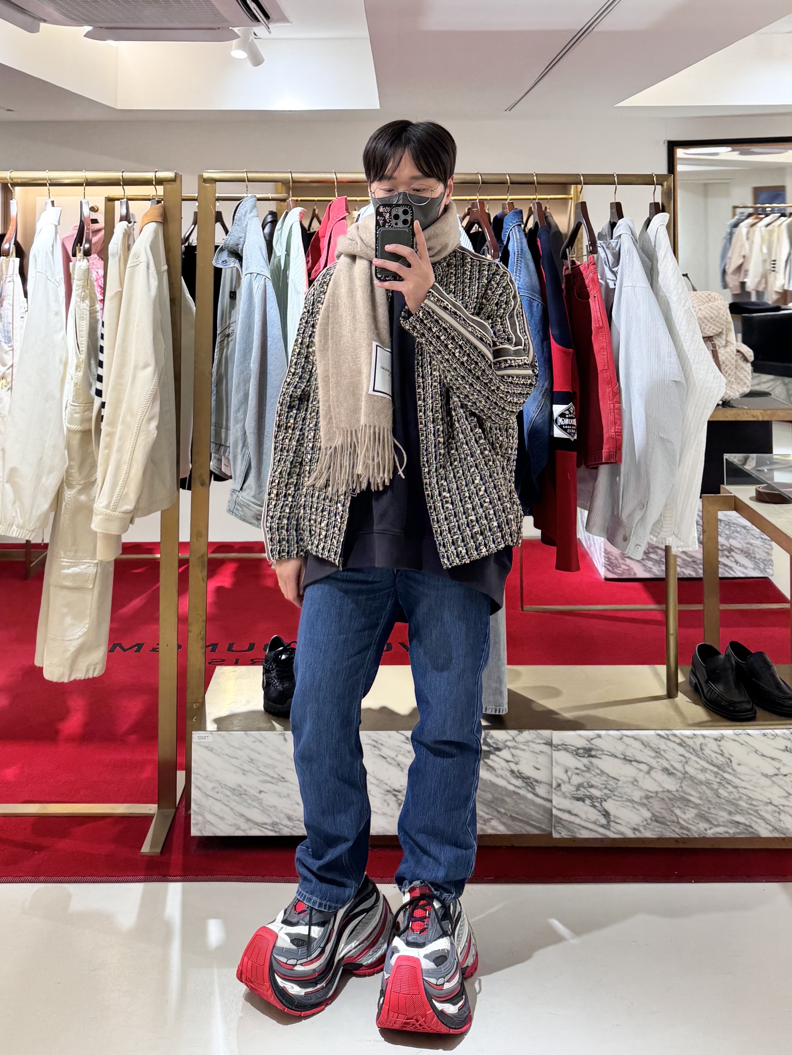(W) Wooyoungmi Tweed Banding Jacket Gray - 24FW, Wooyoungmi New Straight Denim Pants Blue - 25SS 착용 스타일 - 2