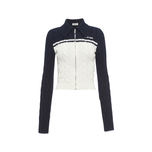 (W) Miu Miu Wool Cashmere Zipper Cardigan White Blue