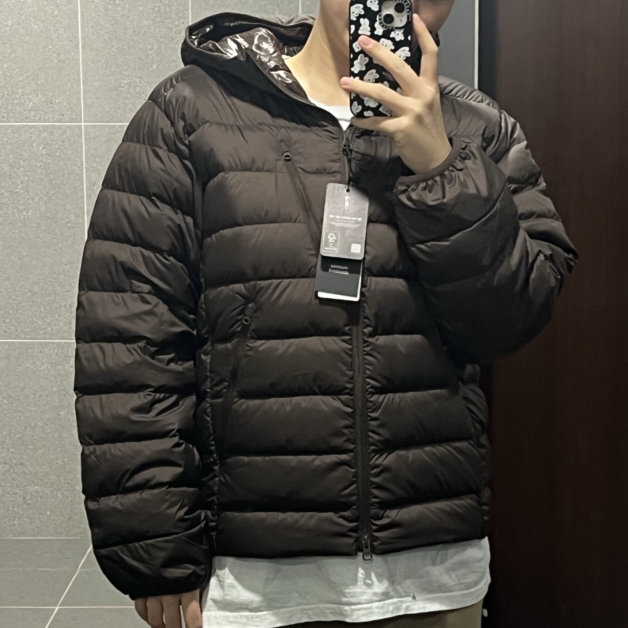 Musinsa Standard City Leisure Hooded Light Down Jacket Brown 착용 스타일