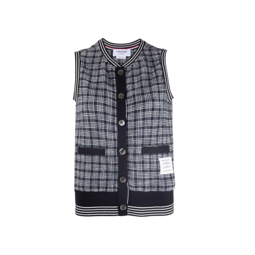 (W) Thom Browne Textured Micro 4-Bar Check Cotton Tweed Cardigan Shell Top Navy