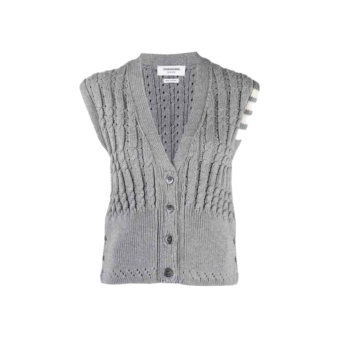 FKV143A-Y1022-055 (W) Thom Browne Merino Wool 4-Bar Pointelle Cable Cardigan Vest Light Grey - 대표 이미지 #1