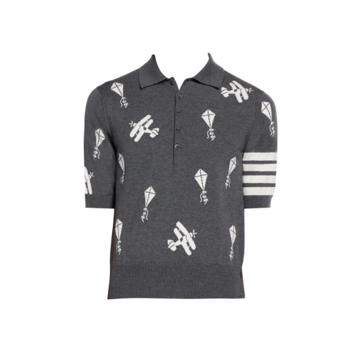Thom Browne Fine Merino Wool Half Drop Sky Icons 4-Bar Relaxed Fit Polo Medium Grey