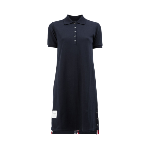 (W) Thom Browne Classic Cotton Pique Center Back Stripe A-Line Short Sleeve Polo Shirt Dress Navy