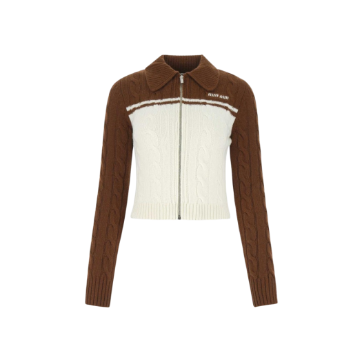 (W) Miu Miu Wool Cashmere Zipper Cardigan Brown White