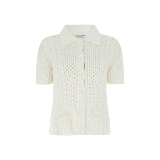 (W) Thom Browne Cotton Mixed Pointelle Cable Knit Short Sleeve Polo Cardigan White