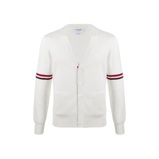 Thom Browne Cotton Milano Stitch Stripe Armband V-Neck Cardigan White