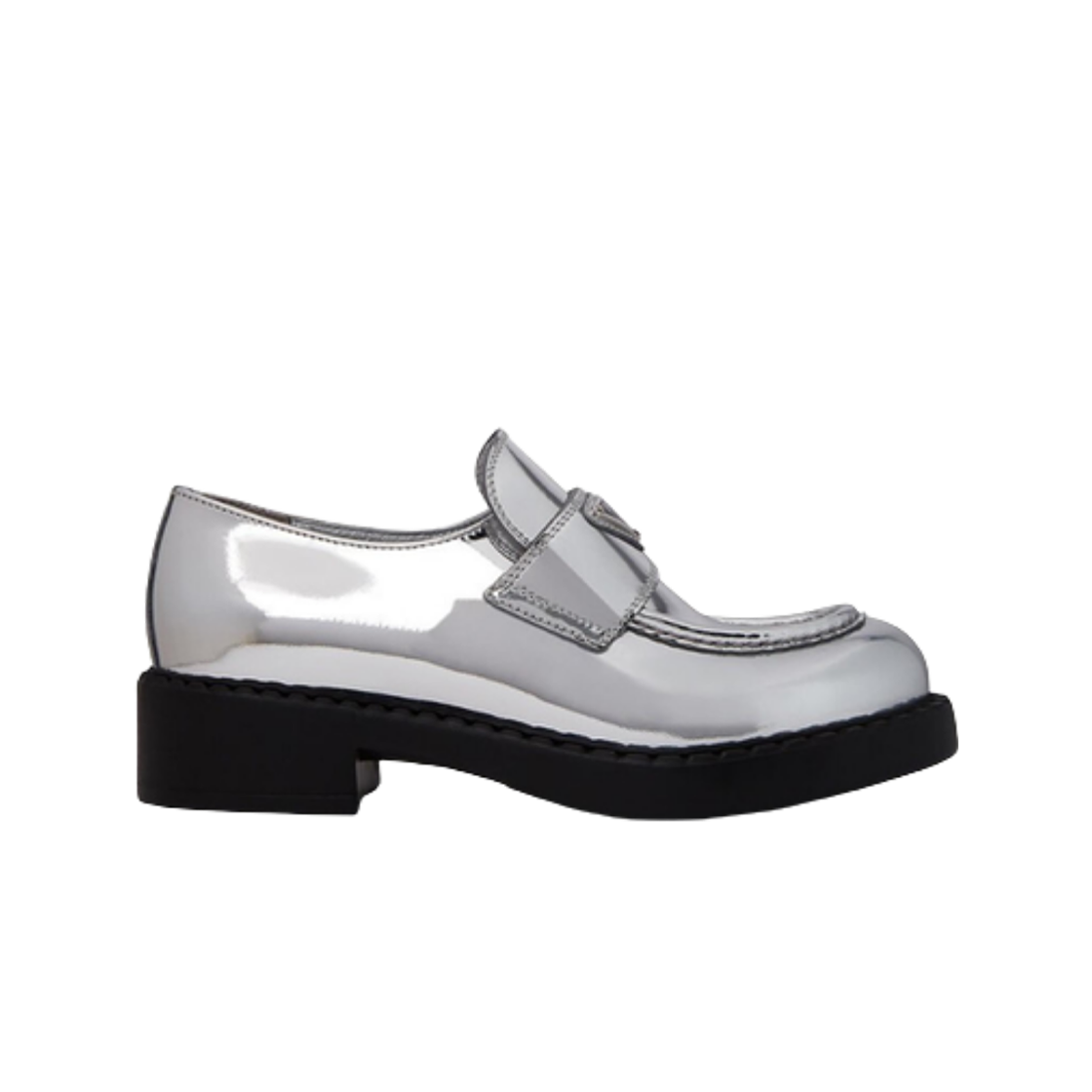 1D246M-3AU1-F0118 (W) Prada Triangle Logo Loafers Silver