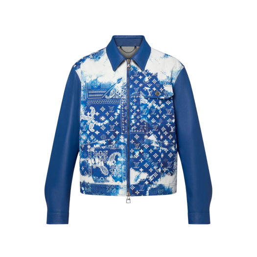 Louis Vuitton Monogram Bandana Mix Leather Denim Blouson Gray Blue