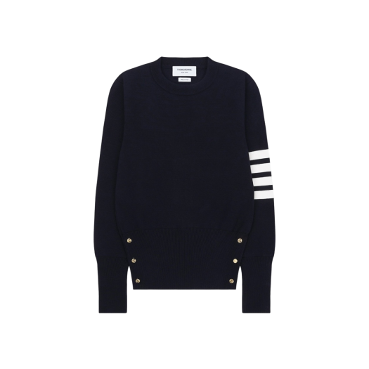 (W) Thom Browne Cotton Crepe Milano Stitch Crewneck 4-Bar Pullover Navy