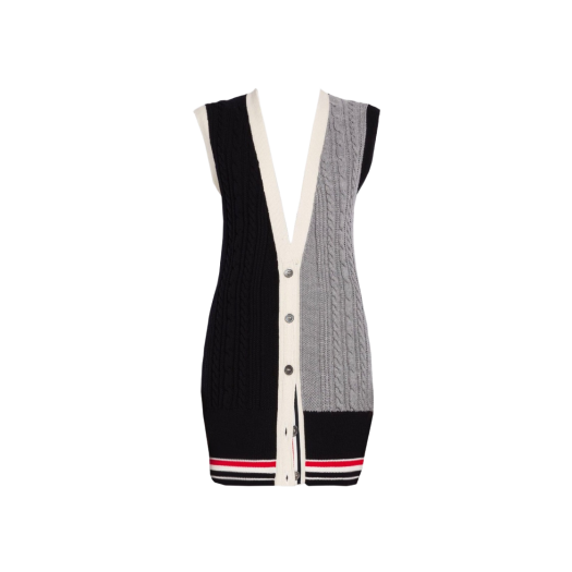(W) Thom Browne Fun-Mix Irish Cable Merino Elongated Cardigan Vest Navy