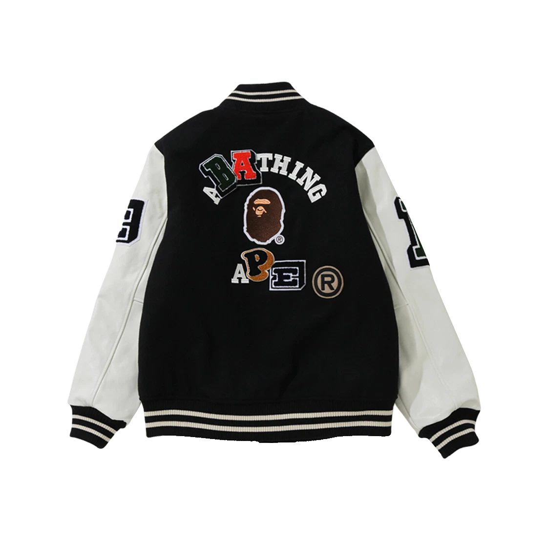 베이프 크레이지 패치 바시티 자켓 블랙 | BAPE | KREAM BAPE Crazy Patch Varsity Jacket Black