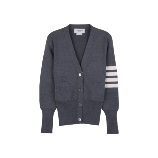 (W) Thom Browne Fine Merino Wool Milano Stitch 4-Bar Classic V-Neck Cardigan Medium Grey