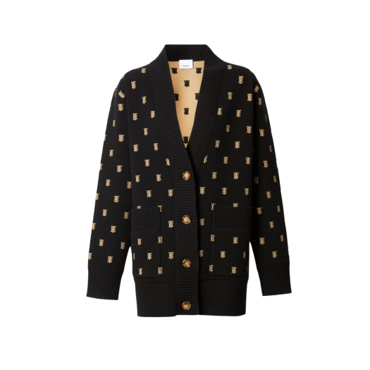 (W) Burberry Monogram Wool Cashmere Blend Oversized Cardigan Black
