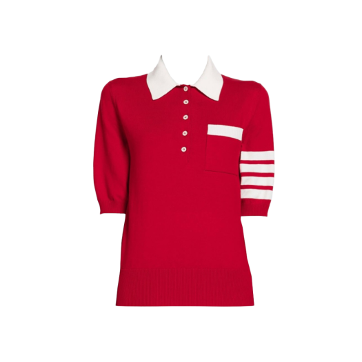 (W) Thom Browne Cotton Hector Pointelle 4-Bar Polo Red