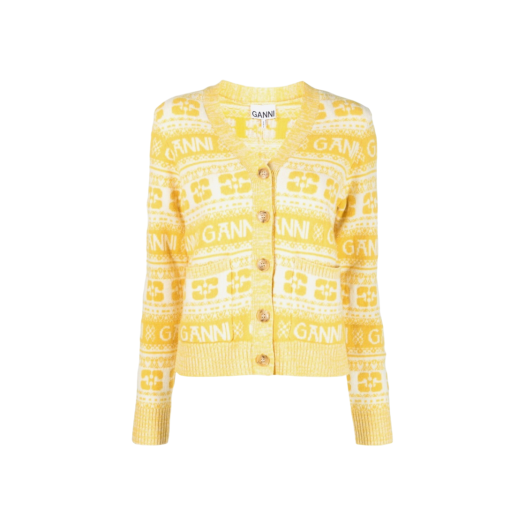 (W) Ganni Logo Wool Mix Cardigan Maize