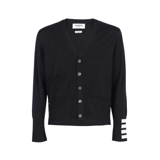 Thom Browne Fine Merino Wool 4-Bar Cuff V-Neck Cardigan Navy