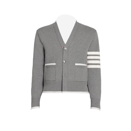 Thom Browne Milano Stitch Cotton 4-Bar Boxy V-Neck Cardigan Light Grey