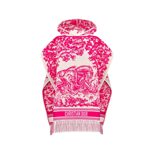 (W) Dior Toile De Jouy Sauvage Hooded Poncho Cotton Ivory Fluorescent Pink