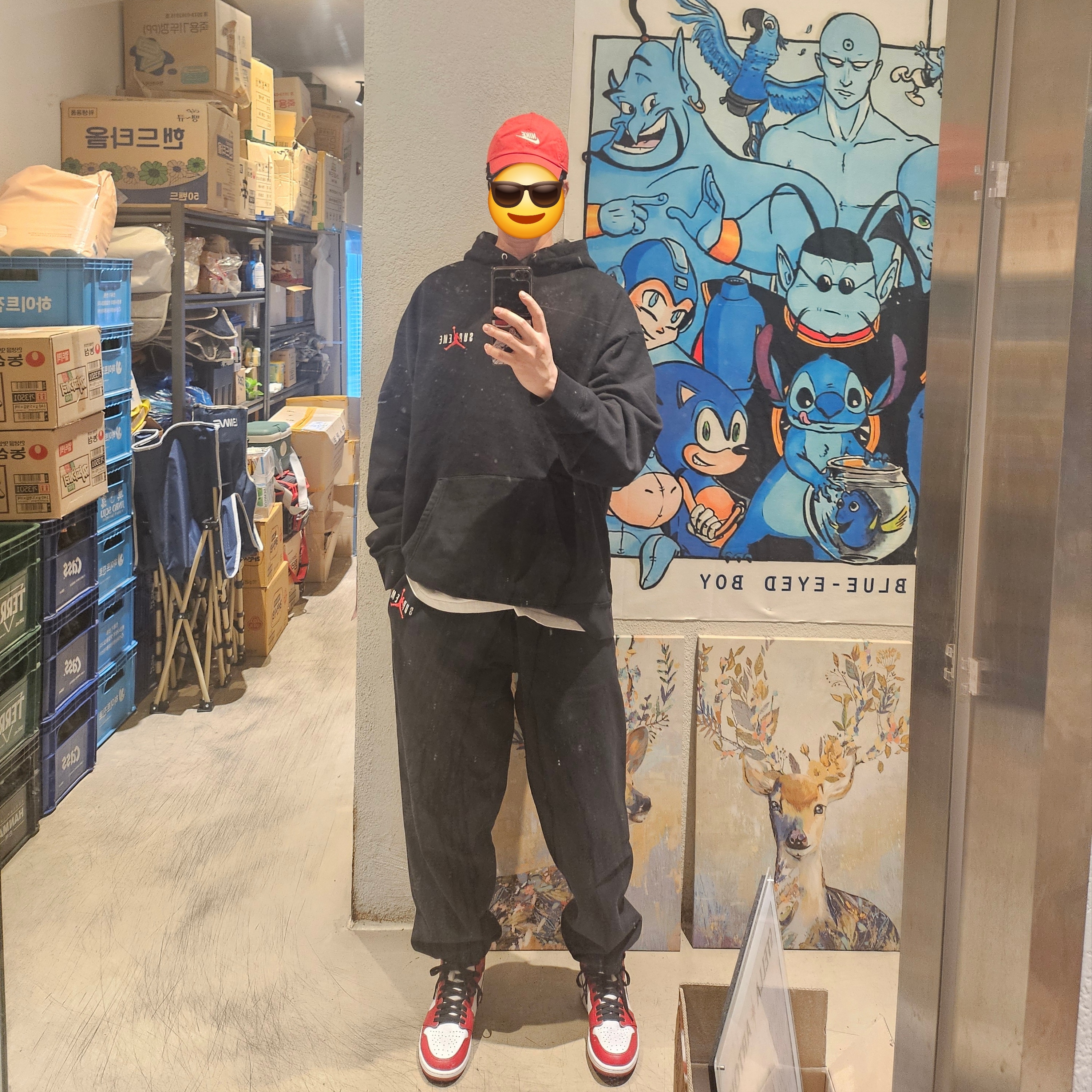 Supreme x Jordan Sweatpants Black - 24FW, Supreme x Jordan Hooded Sweatshirt Black - 24FW 착용 스타일