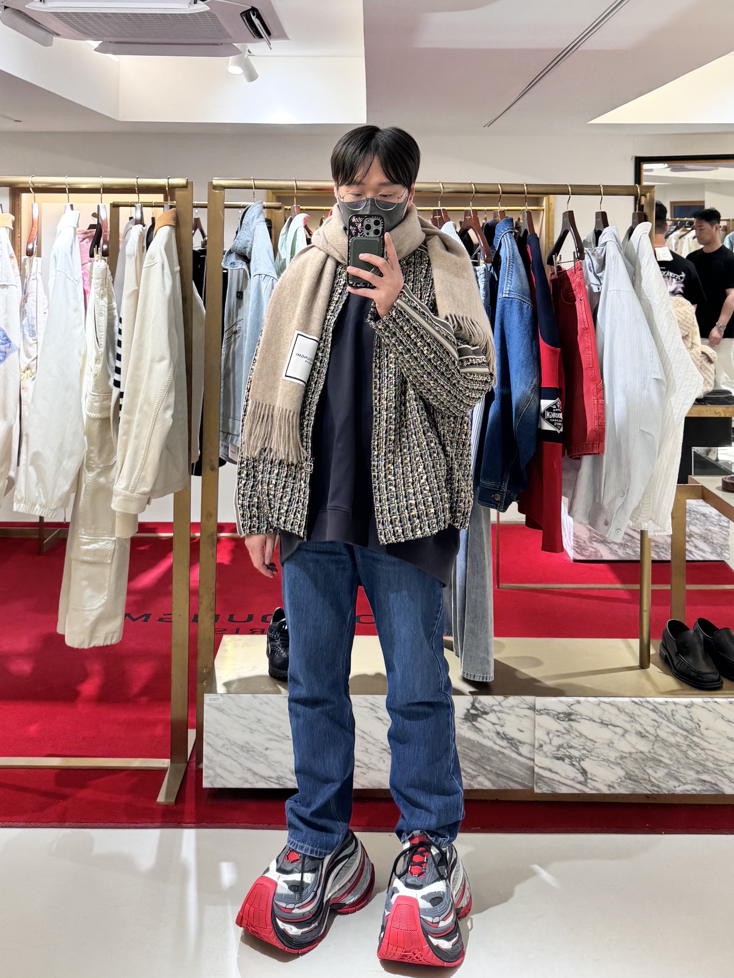 (W) Wooyoungmi Tweed Banding Jacket Gray - 24FW, Wooyoungmi New Straight Denim Pants Blue - 25SS 착용 스타일 - 1