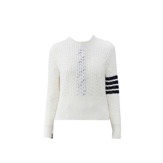(W) Thom Browne Wool 4-Bar Pointelle Pullover White