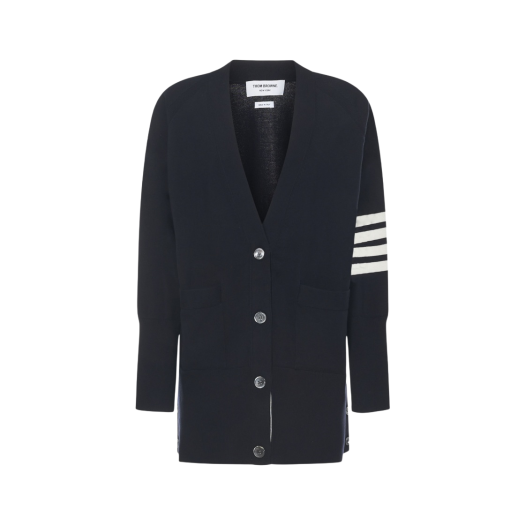 (W) Thom Browne Jersey Stitch Cotton 4-Bar Exaggerated Fit V-Neck Cardigan Navy