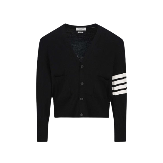 Thom Browne Fine Merino Wool Intrasia Back 4-Bar & Mr. Thom Icon Classic V-Neck Cardigan Black