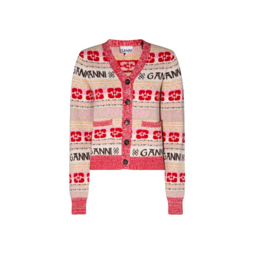 (W) Ganni Logo Stripe Wool Cardigan Multicolour