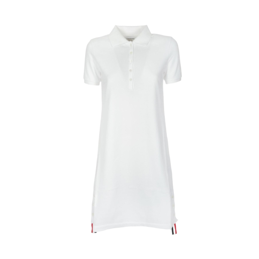 (W) Thom Browne Classic Cotton Pique Center Back Stripe A-Line Short Sleeve Polo Shirt Dress White