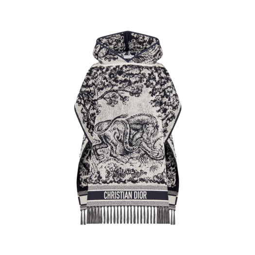 (W) Dior Toile De Jouy Sauvage Hooded Poncho Cotton White Blue