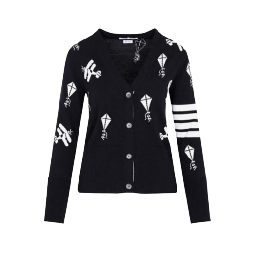 (W) Thom Browne Fine Merino Wool 4-Bar Half Drop Sky Icon 4-Bar Relaxed Fit Cardigan Navy