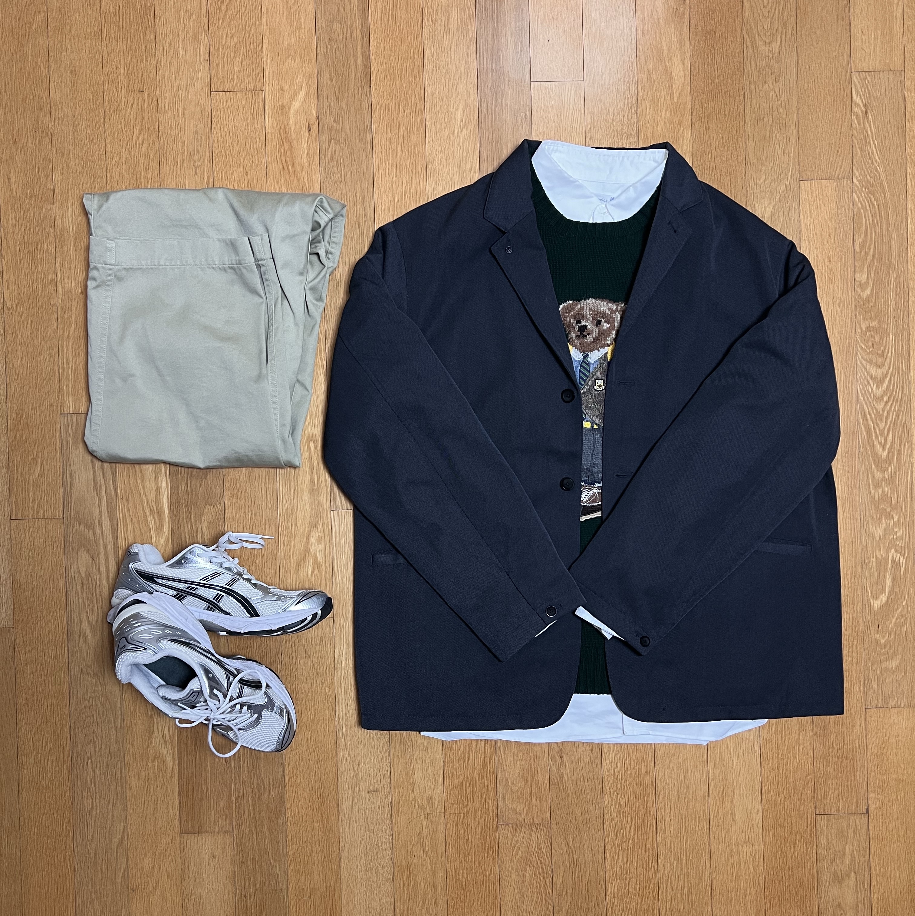Nanamica Wide Chino Pants Khaki, Asics x Kith Gel-Kayano 14 Cream Scarab 착용 스타일