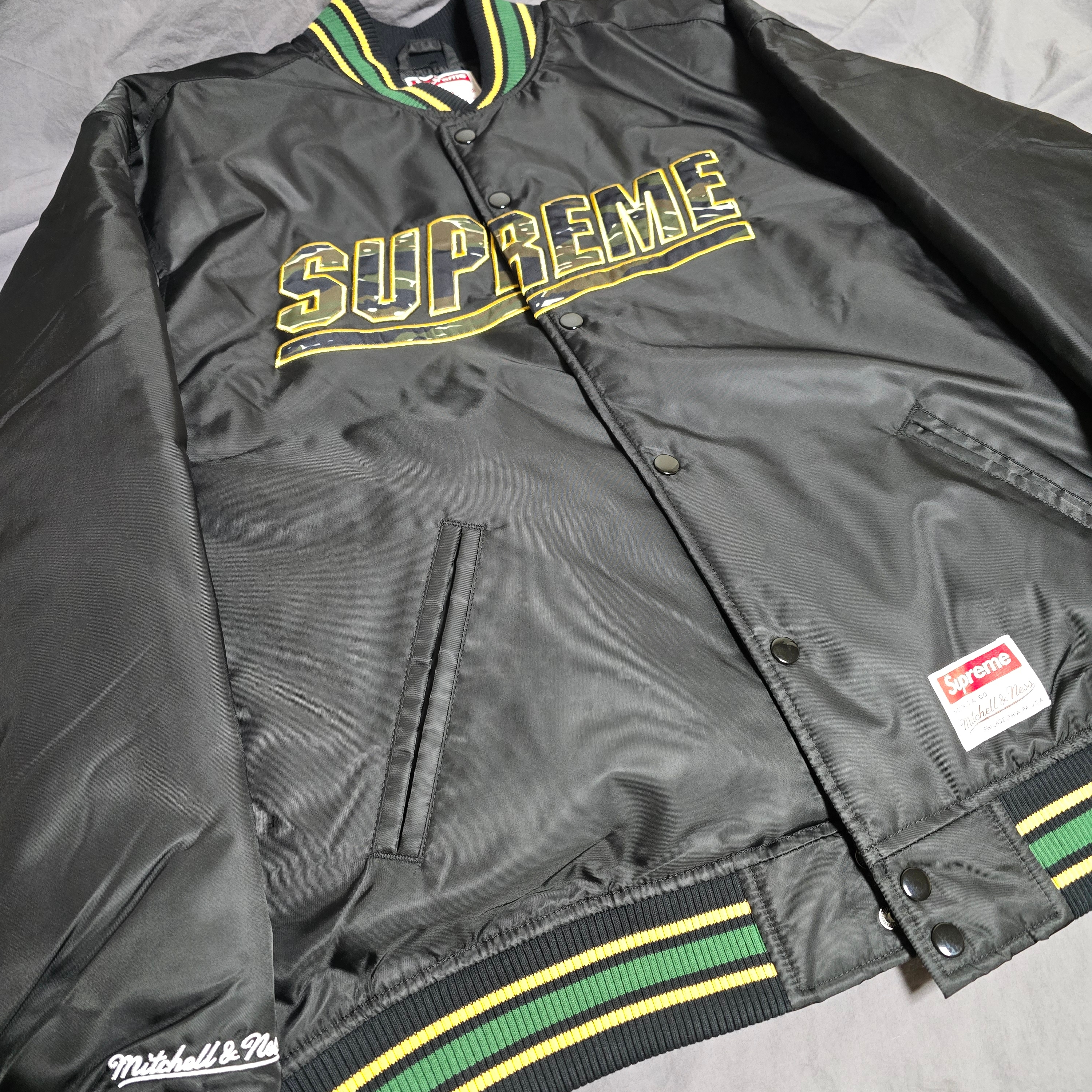 Supreme Mitchell & Ness Camo Logo Varsity Jacket Black - 25SS 착용 스타일