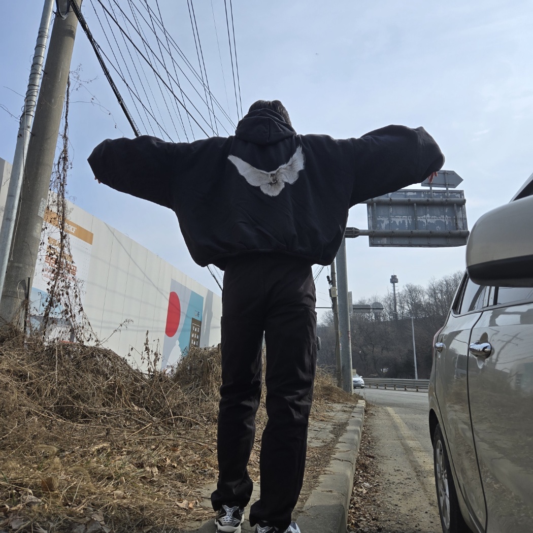 Yeezy Gap Engineered By Balenciaga Dove Hoodie Washed Black, Yeezy Gap Engineered By Balenciaga Sateen Cargo Pants Black 착용 스타일